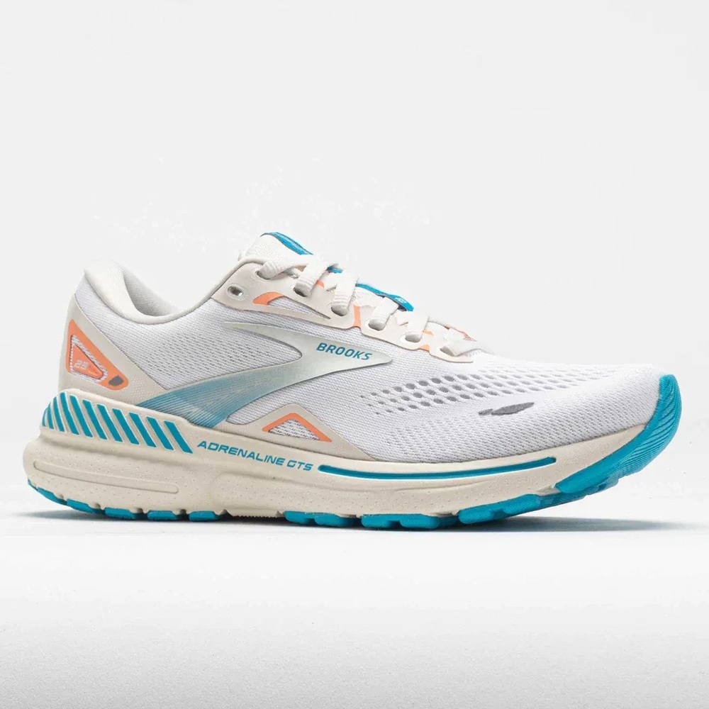 Brooks Women's Adrenaline GTS 23 White Teal and Orange Athletic Running Shoes